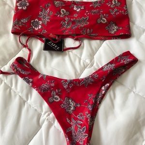 Zaful Lace-up Floral High Cut Bikini Set